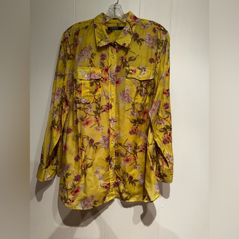 Lauren Ralph Lauren Yellow Floral Button Down Shirt 2X Cotton Blend Blouse - Picture 3 of 8